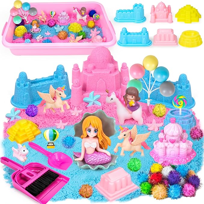 Hymaz Unicorn Sensory bin, Unicorn and Mermaid Play Sand Kit, Sandbox with 2.2lbs Magic Sand, Castle Molds, Ocean Scene Models, Preschool Indoor Birthday Gifts for Boys Girls Age 3 4 5 6 7 8