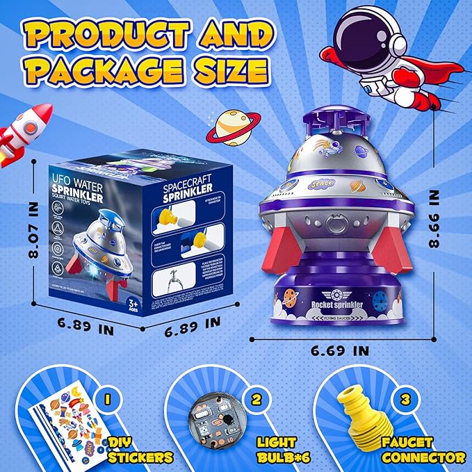 Outdoor Water Sprinkler Toys for Kids, Summer Water UFO Spaceship Rocket Sprinklers Launch Toys with Light, Ideal Holiday Backyard Lawn Yard Game Birthday Gift for Boys Girls 3 Years and Up (Purple)