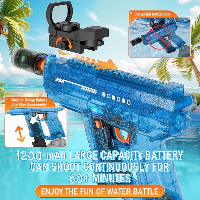 Electric Water Gun for Kids Adults, Transparent Automatic Squirt Gun with 30-32 FT Long Range, Summer Outdoor Beach Swimming Pool Party Toys for Boys Girls Adults (Blue)