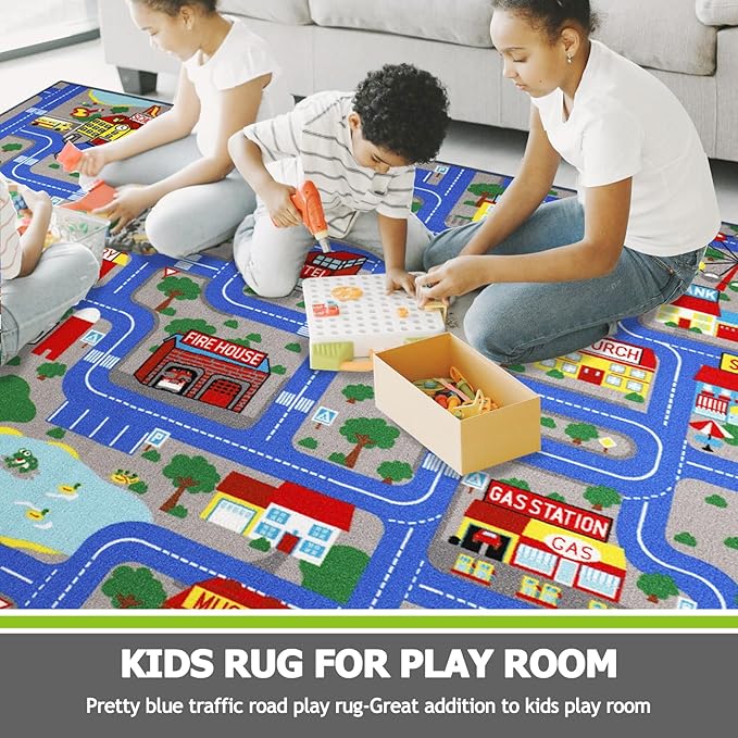 Capslpad Blue Car Road Kid Rug Carpet Playmat for Playoom Traffic Road Kids Play Mat for Toddler Non Slip Washable City Map Race Track Carpet Rug for Kids Room Bedroom Nursery Room Decor,5'x 6'6"