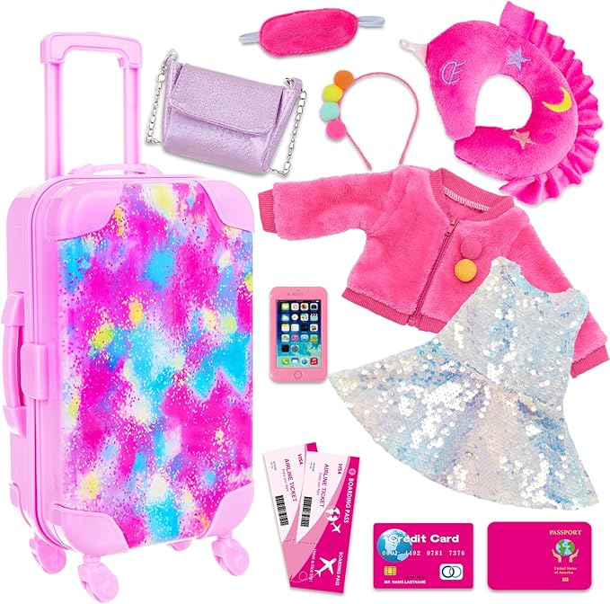 K.T. Fancy 18 Inch American Doll Clothes and Accessories, Doll Travel Suitcase Playset for Girls, Cute Travel Doll Clothes for 18 Inch Girl Doll(Not Include Doll & Shoes)