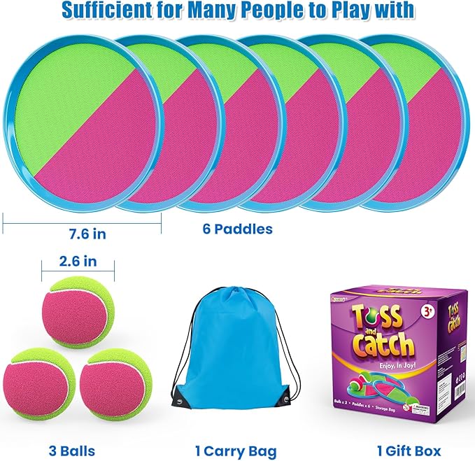 Aywewii Toss and Catch Ball Set Kids Games, Beach Outdoor Toys for Kid with 6 Paddles and 3 Balls Kids Toys Outside Boys Game Age 3-12 Easter Basket Stuffers Birthday Gift