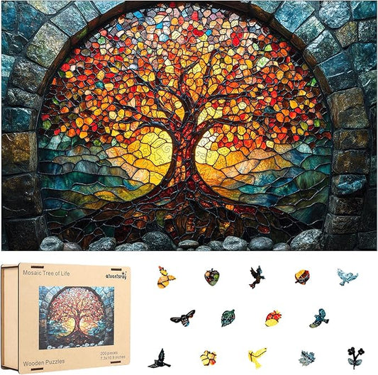 Wooden Puzzles for Adults, Mosaic Tree of Life Jigsaw Puzzles 200pcs, Medium, Unique Shape Adult Puzzles, Irregular Creative Gift for Family Game(10.9 * 7.3 in)