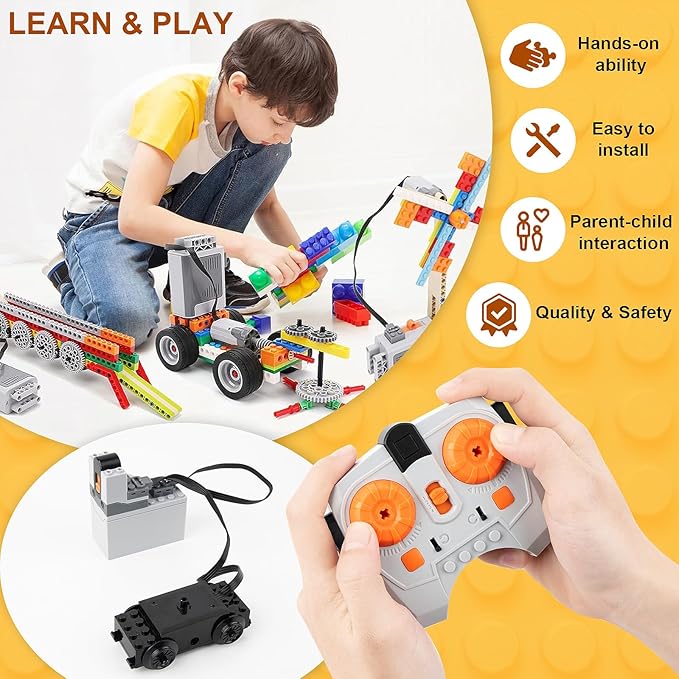 10-in-1 Motor Kit Compatible with Lego Technic, DIY Motorized Building Set, Power Function Motor Set with Building Block Tool Kit, Gear System for Creative STEM Projects