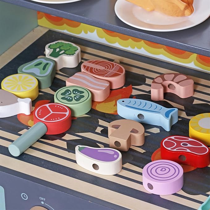 Wooden Play Barbecue Toy Grill, Kids BBQ Playset with Toy Food and Grilling Tools, Cooking Interactive Toys Christmas Birthday Gift for Toddlers Girls Boys 3-6