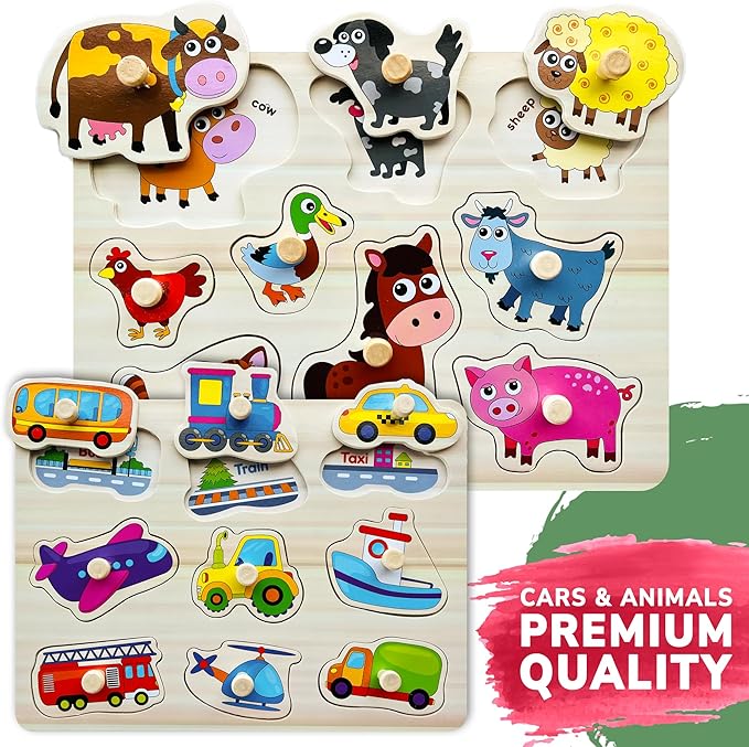 QUOKKA Wooden Puzzles for Toddlers 1-3 - 6XSET Toddler Puzzles Ages 2-4 with Rack - Learning Alphabet - Numbers - Animals Toy Puzzles for Toddlers 3-5 - Wood Games Gift for Boys and Girls