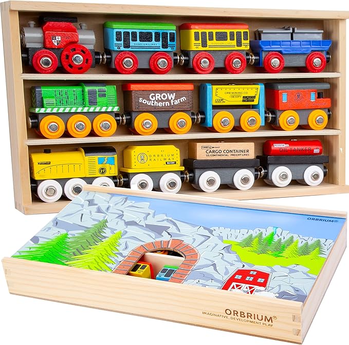 12 Wooden Train Cars Set with Wooden Storage Box with Box Cover Tunnel for 3,4,5,6,7 Years Old Compatible with Thomas & Friends Push-Along, Brio, IKEA, Imaginarium, Melissa and Doug