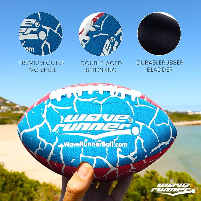 Wave Runner Grip It Waterproof Junior Size Football, 9.25 Size, Durable & Double Laced, Perfect for Beach Accessories, Kids Games, Pool Toys, Outdoor Games, All-Weather Indoor & Outdoor Play