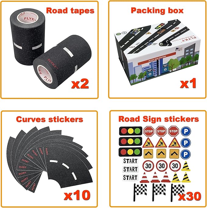Deluxe Road Tape Play Set - 2x33ft Extended Track with Curves, 30 Traffic Sign Stickers & Durable Drawer Box - Versatile Car Track Tape for Kids, Creative Toy Car Track & Car Track Rug Alternative