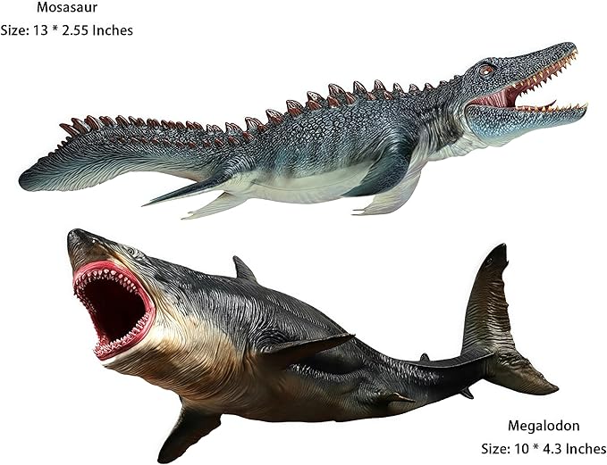 Gemini&Genius Mosasaurus and Megalodon Water Dinosaur Great White Shark Toys Set, Dinosaur with Sea Monster Set for Birthday Cake Toppers, Action Figure Toy Collections, Play or Display Toys for Kids