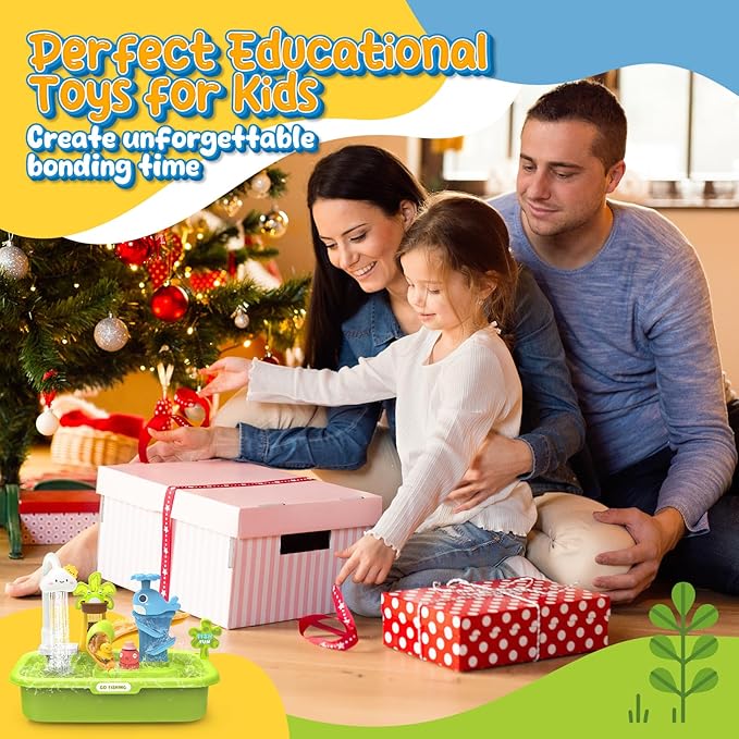 Play Sink with Running Water, 4-in-1 Kids Kitchen Sink Toys with Electric Faucet, Water Table Floating Pool Toy w/Fishing Game, Duck Slide, Pretend Play Dishwasher Set for Toddler Boys Girls (Green)