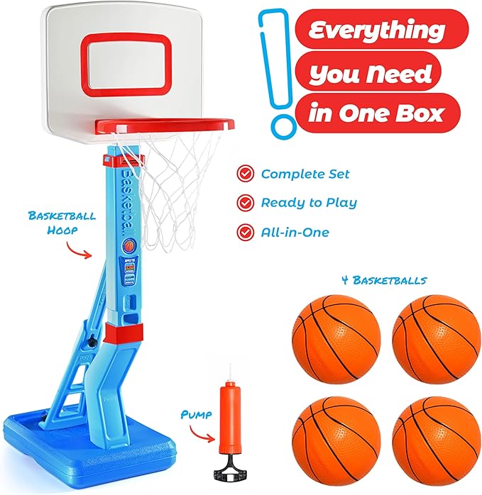 Play22 Toddler Basketball Hoop Indoor for Kids - Height Adjustable Baby Basketball Hoop Set, 4 Balls & Pump, Boys & Girls Toddler Outdoor Toys for Ages 3-5, Outside Toys for Toddlers