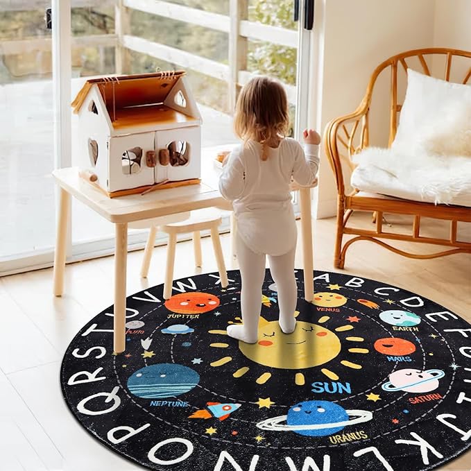 Round ABC Kids Rug,5.2 Ft Soft Circle Alphabet Playroom Rug,Washable Non-Slip Solar System Kids Play Rug,Space Educational Rug Kids Carpet for Classroom Playroom Bedroom Kids Room Decor
