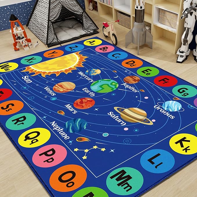 Kids Rug Outer Space Carpet for Playroom, ABC Educational Learning Area Rug, Non-Slip Solar System Road Play Play Rug for Kids Bedrooms, Classroom, Nursery Room Decor (Blue, 78.7X59 INCH)