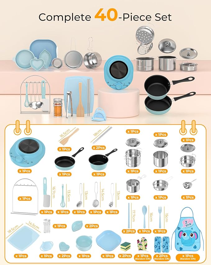 Kids Cooking Sets Real, Kid Safe Montessori Mini Tools Includes Stove Burner, Knife ect for Aged 8-12 Boys Girls Food Making, Easy for Beginners, Education Toys-Blue