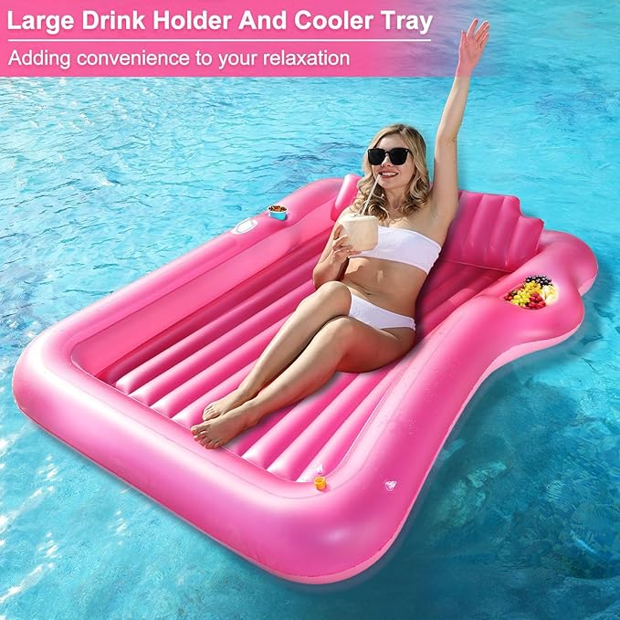 Inflatable Tanning Pool Lounger Float with Sprinkler, 71" x 47" Large Pool Floats Adult with Pillow Cooler Tray, 6 in 1 Suntan Tub Raft Floatie Sunbathing Bed Water Summer Backyard Fun L-Pink