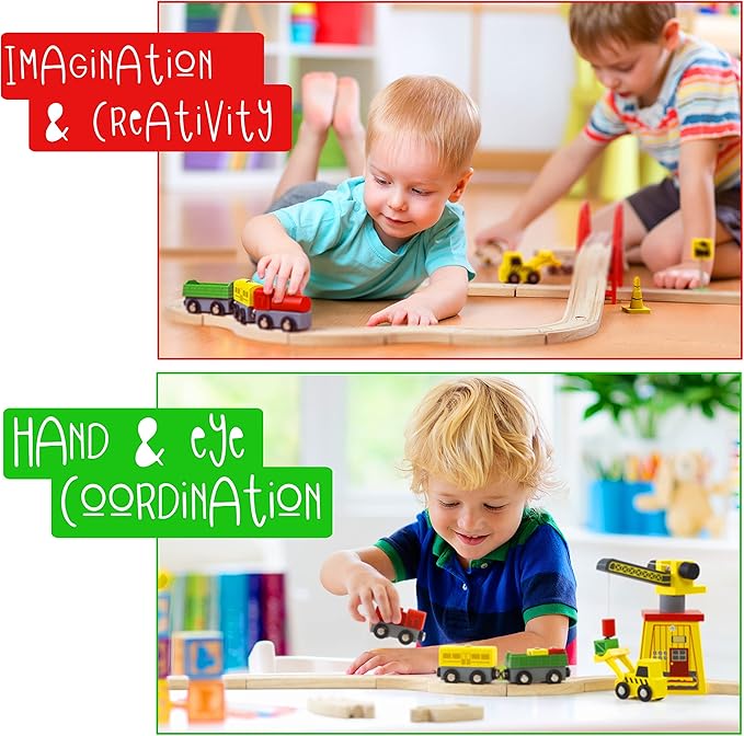 Wooden Train Sets for Boys 2-4-7 – 38 Pcs Wood Train Set for Toddlers w/Crane, Bridge & Wooden Train Tracks – Train Toys for 3 Year Old Boys & Girls – Fits Thomas Brio IKEA Melissa and Doug