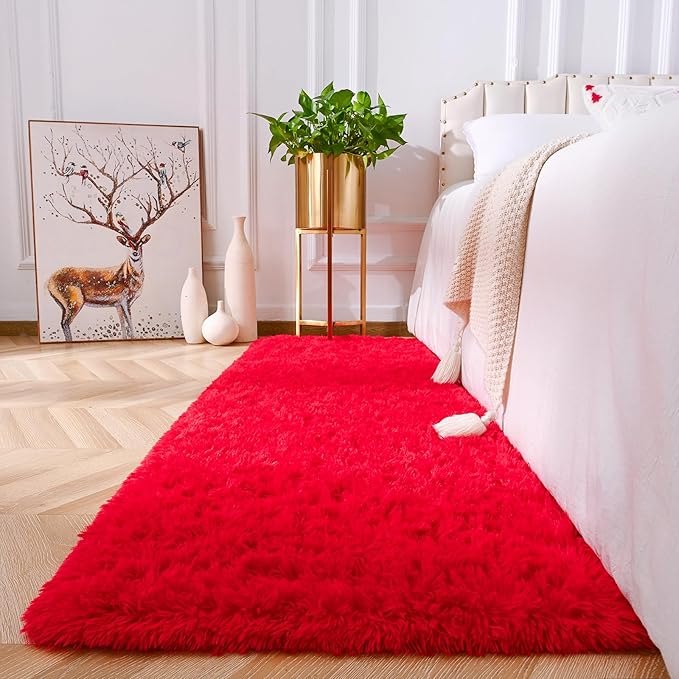 Amearea Shag Fluffy Runner Rug for Bedroom Girls Living Room, 2x6 Feet Extra Soft and Fuzzy Shaggy Rugs, Non Slip, Indoor Floor Long Carpet Mat for Boys Nursery Home Decor, Red