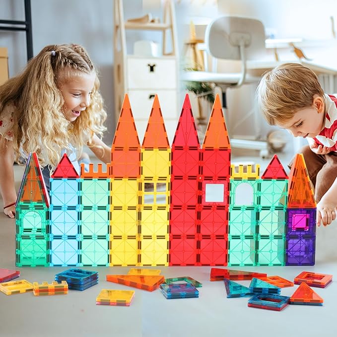 Magnetic Building Tiles for Kids,64 PCS Educational Magnetic Stacking Blocks for Boys Girls, Magnets Construction Toys,Stem Preschool Kindergarten Learning Toys