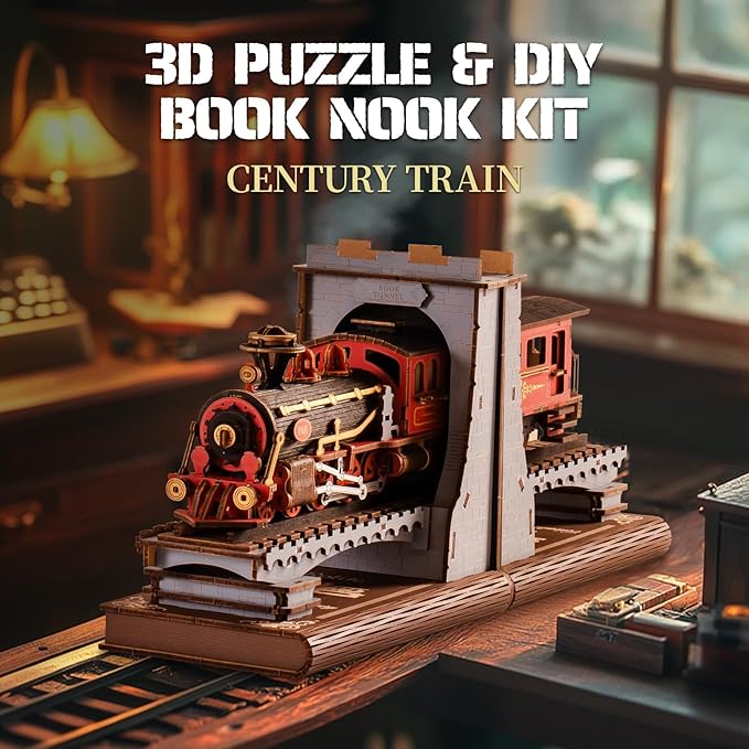 Rowood 3D Wooden Puzzle Book Nook,DIY Book Nook Kits for Adults,3D Wooden Puzzle Bookend Miniature Dollhouse Kit Bookshelf Insert Decor,Crafts for Adults Teens on Birthday Christmas -Century Train