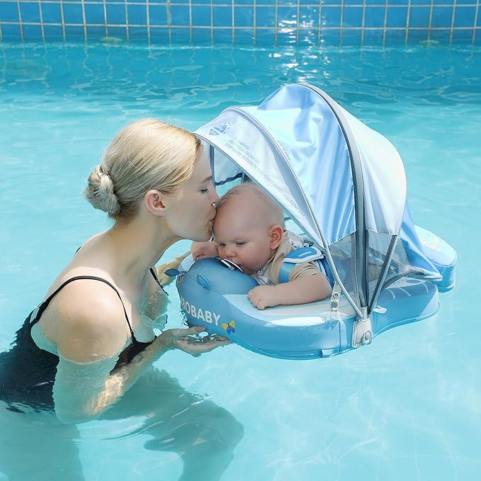 Mambobaby Float Add Tail Baby Swim Float with Canopy Solid Pool Infant Swim Trainer Swimming Training Lying Air Free Water Floats Non-Inflatable Waist Swim Ring for Toddlers (Butterfly - Blue)