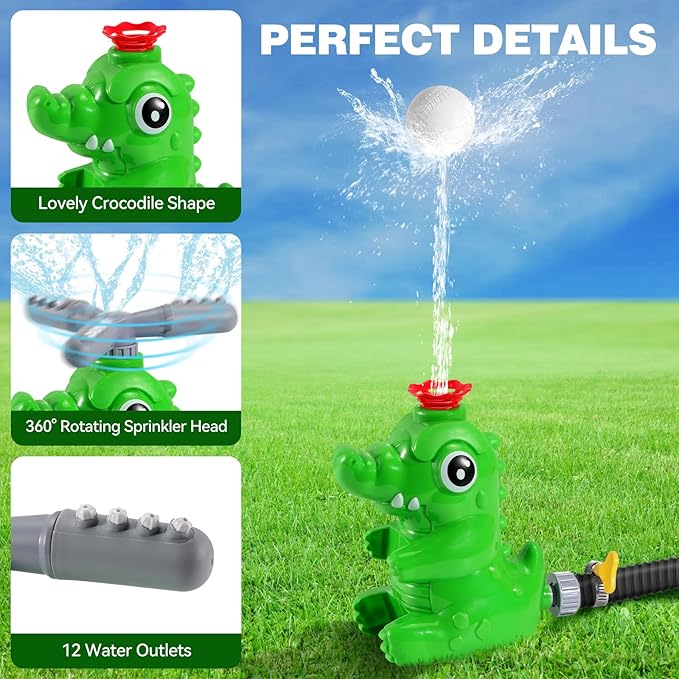 HeySplash Water Sprinkler Baseball Toy, 2 in 1 Water Spray Sprinkler Ball Set with 2 Detachable Sprinkler Heads, Outdoor Summer Toys Outside Toys for Toddlers and Kids, Green Crocodile