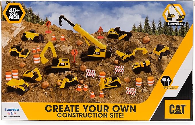 CAT Construction Toys, Little Machines Mega Set – 40+ Pieces with XL Crane & Excavator, 10 Mini Vehicles, Road Signs, Cones, Boulders & Barricades, Indoor/Outdoor STEM Toy for Kids Ages 3 +