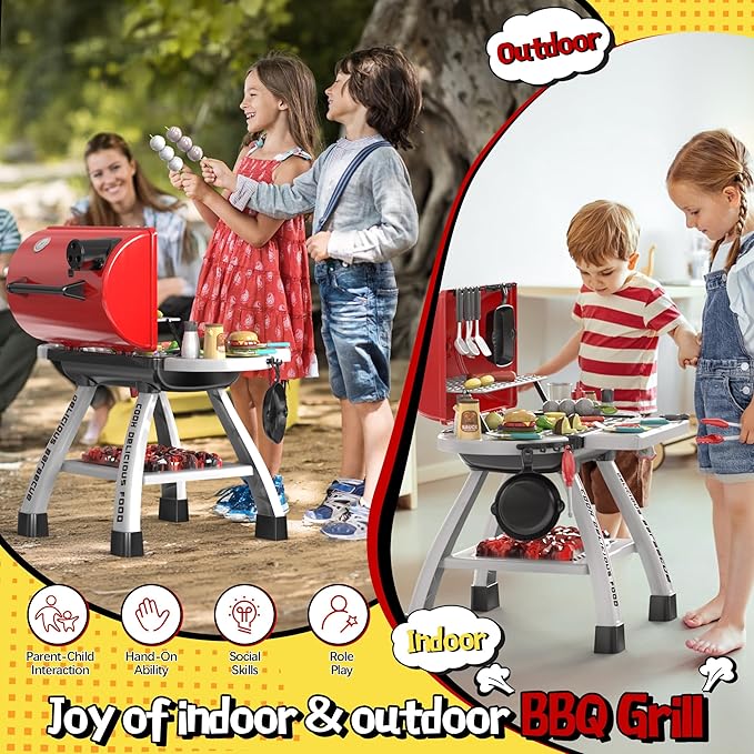 2-Layer BBQ Grill with Big Playset Gifts|Kids Outdoor Toys for Toddlers 3-5 6| Pretend Outdoor Toddler Boy Toys for 3 4 Year Old Boys| Kids Kitchen Playset Equipment Gift