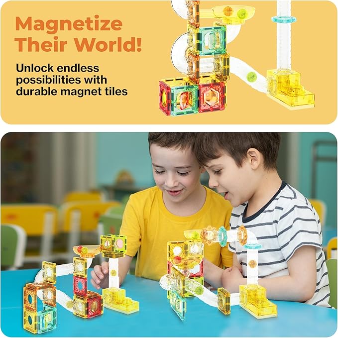 PicassoTiles 100 Piece Magnetic Marble Run Travel Size Sensory Toddlers Construction Toy Set Mini Diamond Magnet Tiles Marbles for Kids Race Track Building Blocks STEM Learning Kit Boy Girl 3+ PTMG100