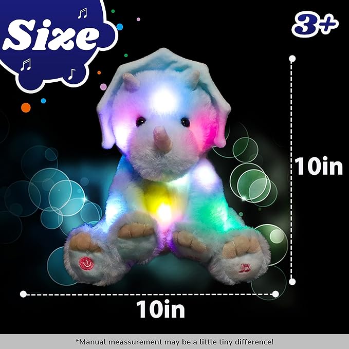 Cuteoy Blue Triceratops LED Musical Stuffed Animal Light-up Singing Plush Dinosaur Adjustable Volume Lullaby Plushies Birthday Christmas Toy Gifts for Kids Toddler Girls, 13"