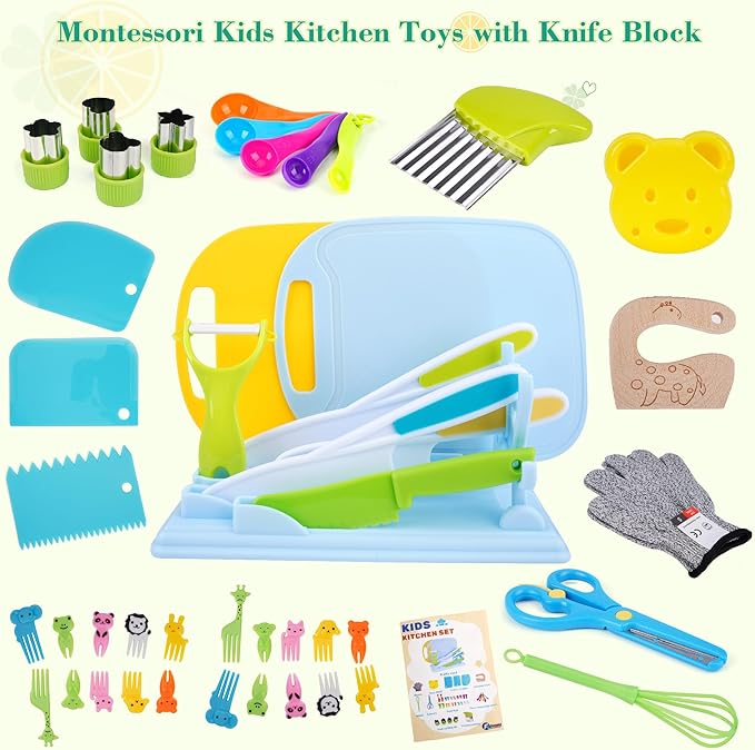 FCSONU 24 Pcs Montessori Kitchen Toys for Toddlers, Kids Kitchen Knife Set with Holder, Kids Cooking Sets Real with Knife Block & Plastic Kid Safe Knives Set & Cutting Board, Boy Girls Birthday Gifts