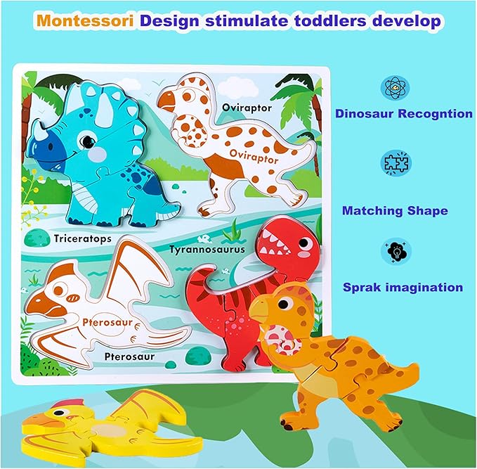 Wooden Puzzles for Toddlers 2-4 ,Vehicle & Dinosaur Toddler Puzzles Age 2-3,Toddler Toys for 2 3 Years Old Girls Boys,Montessori Learning Gifts for 2-3