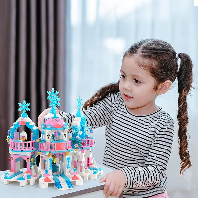 Friends Frozen Castle Building Kit Princess Magical Ice Palace Creative Toy Set for Girls 6-12, Best Learning and Roleplay STEM Construction Toy Gifts with Storage Box for Kids (522 Pieces)