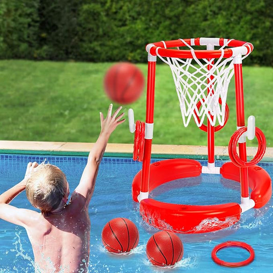 GMAOPHY Pool Basketball Hoop, 2-in-1 Poolside Floating Pool Basketball Game, Swimming Pool Games for Kids Adults Indoor Outdoor Play, Water Play Toy Family Party, Includes Hoop, Balls, Pump, Red