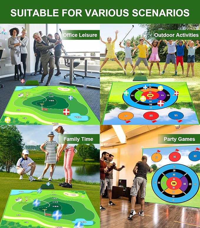 Golf Game: 70"x 70" Plus Size Double Sided Hitting Mat, Ideal Gifts for Kids Adults, 20 Sticky Balls & 10 Darts for Indoor or Backyard Battle Chipping