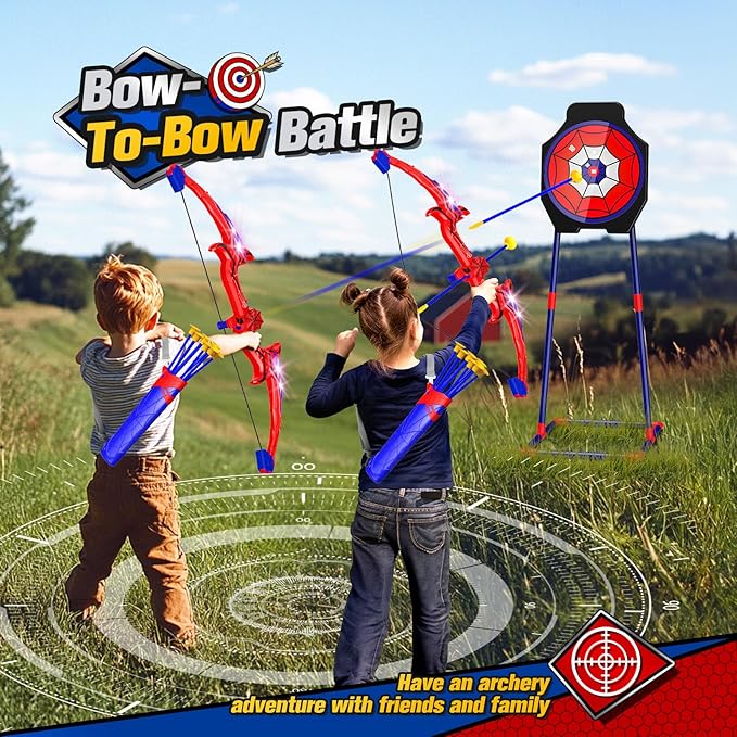 Spider Bow and Arrow for Kids, 2 Pack Archery Target Outdoor Toys Age 5-7 8-13 Boys Toys Light Up Shooting Games for 4 5 6 7 8-12 Year old Boy Birthday Gifts Bow Arrow Indoor Cool Stuff for Kid