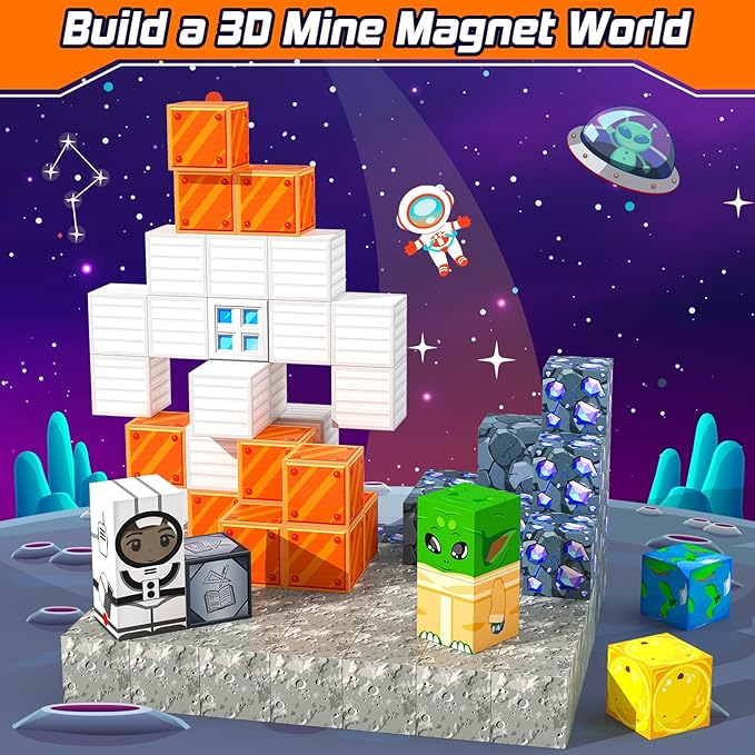 Magnetic Blocks Space Set, Build Mine Magnet World Set, Magnetic Tiles Building Toys for Boys & Girls Age 3-5 5-7, STEM Montessori Sensory Toys for Toddlers Gifts for 3+ Years Old