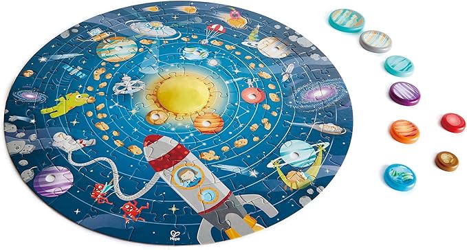 Hape Solar System Puzzle | Round Solar System Puzzle Toy for Kids, Solid Wood Pieces and A Glowing LED Sun