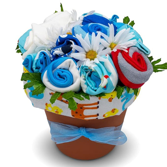 Baby Boy Clothing Flower Bouquet | Newborn Baby Boy Gift Basket with Baby Clothing Arranged Like Celebration Flowers, Creative Unique Blue Baby Set for Expecting Moms, Includes Spaceship Clothing Set