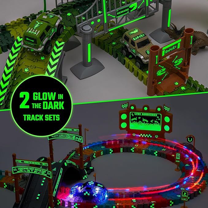 JITTERYGIT Race Track and Dinosaur Track Christmas Bundle Gift, Glow in The Dark Flexible Racing STEM Vehicle Play Set, Magic Racetrack Present for Boys, Girls, Toddler Ages 3 4 5 6 7 8 9 Years Old