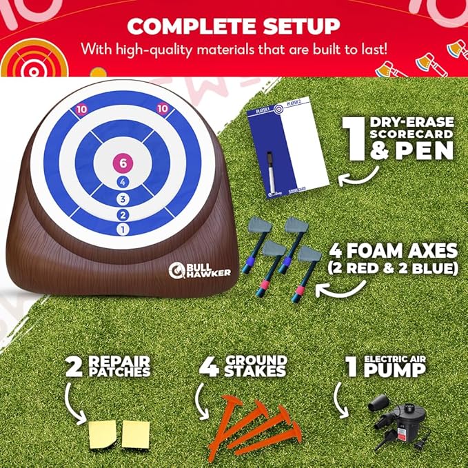 SWOOC Games - Bull Hawker™ | Giant Axe Darts (Over 6ft Tall) w/ 15+ Games | Axe Throwing Game for Backyard w/Air Pump | Outdoor Games for Adults and Family | Carnival Games | Throwing Axe Yard Games
