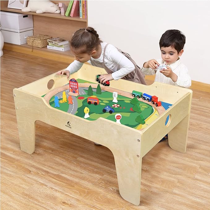 Kid's Multi-Purpose Activity Play Table with 60 Big Building Bricks and 30-Piece Wooden Train Set for Toddlers(Big-peg Baseplate Version)