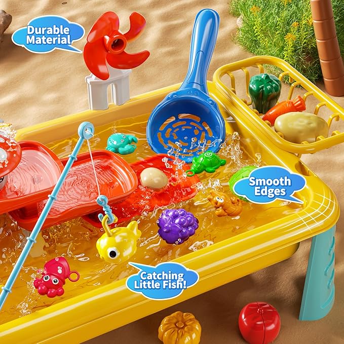 Water Table Toy for Kids 2 3 4 5 6 Years Old - Outdoor Kitchen Toys Set with Electrical Faucet, Toddler Fishing Games, Summer Beach Sensory Water Play Table, Gifts for Boy Girl 2+ 3-5(Yellow)