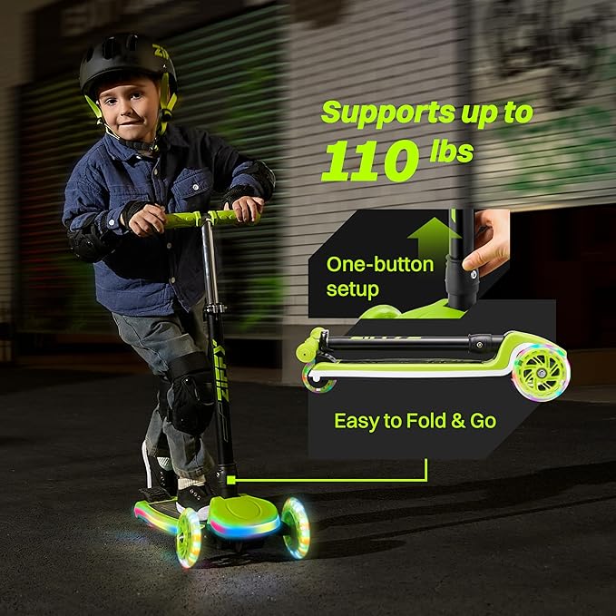 ZIFFY Kids Scooter for Boys & Girls LED Light-Up Wheels, 4 Adjustable Height Handlebars, and Lean-to-Steer Design with Anti-Slip Wide Deck for Stability - Up to 110LBS