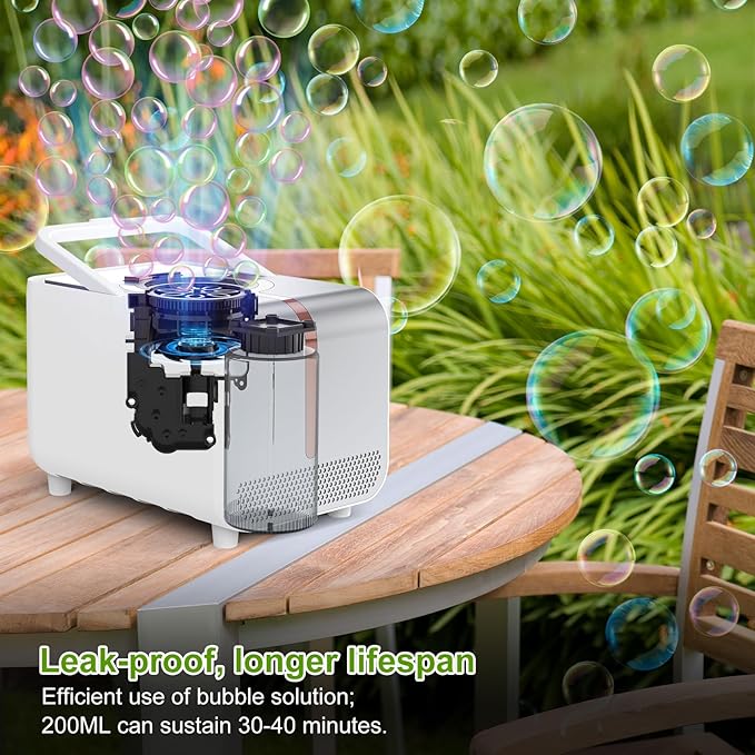 Bubble Machine - Durable Automatic Bubble Blower with LED Lights, Waterproof Motor Over 20,000 Bubbles/Minute, Perfect for Kids' Parties Indoor & Outdoor Fun - Plugin or Battery Powered - Sleek Silver