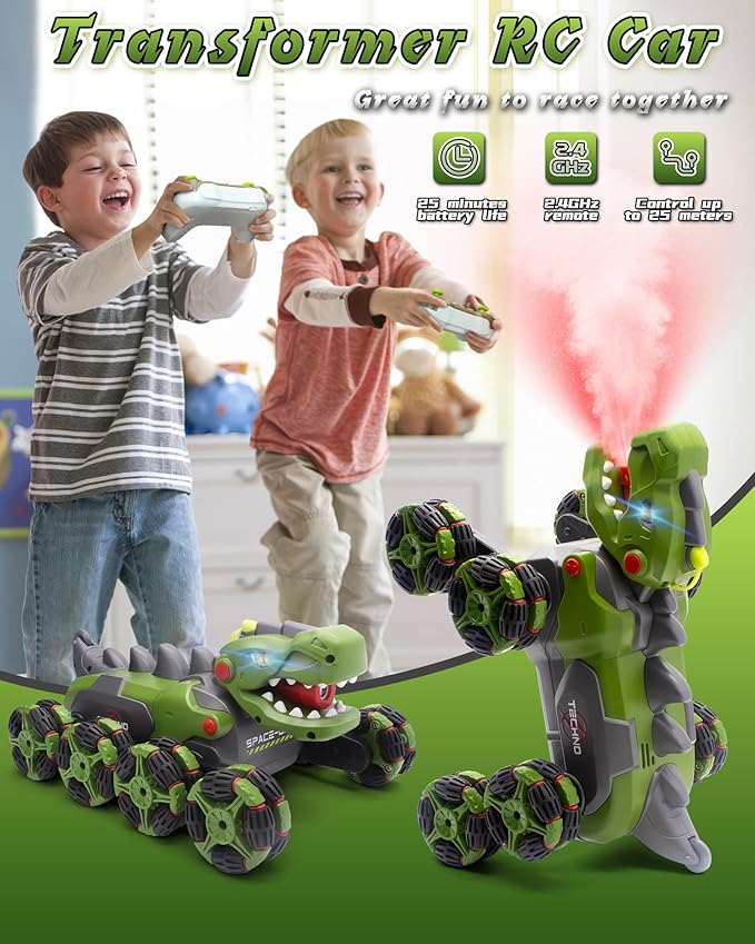 Remote Control RC Car Dinosaur Toys : RC Car Dinosaur Change with Spray for Boys 7 8 12, 2.4 GHz Monster Truck Stunt Vehicle, Remote Control Toys Gifts for Kids,Green