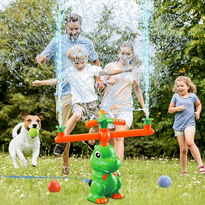 VATOS Water Sprinkler Baseball Outdoor Toy for Kids, 4 in 1 Dinosaur 360ยฐ Spin Sprinkler Water Tee-Ball & Ball, Summer Fun Play Games Outside Backyard Yard Garden Lawn for Toddlers Boys Girls