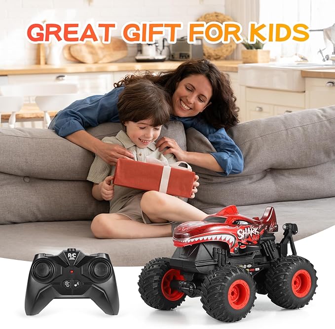 Remote Control Car, 2.4Ghz All Terrain Shark Monster Truck Toys, RC Truck with Music, 3 Lighting Effects, 360 Stunt Capable, All Included Ready to Run, Toy Gifts for Boys and Girls (Red)
