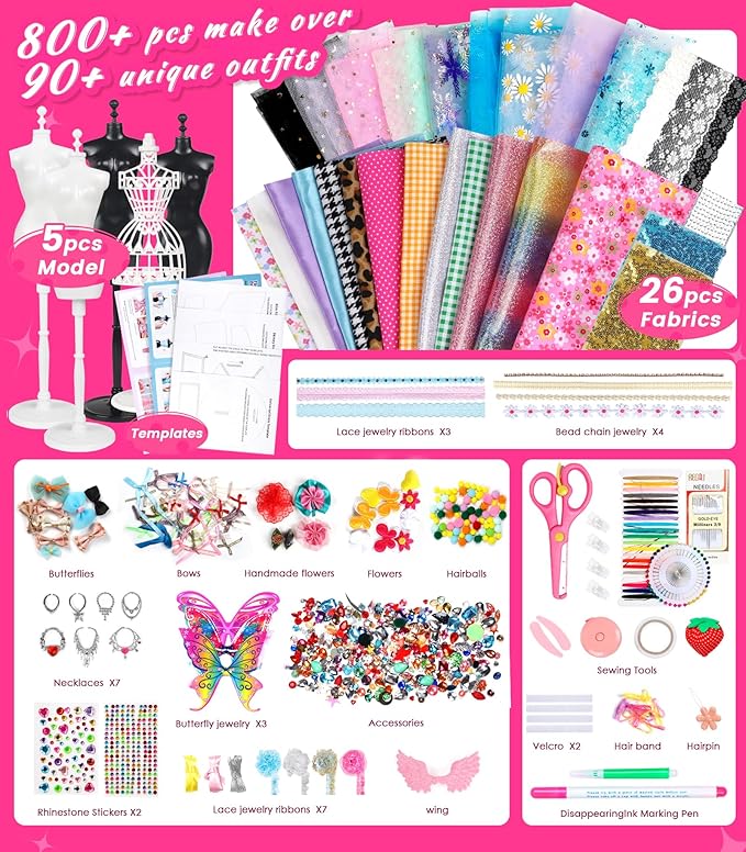 YEETIN 800+ PCS Fashion Designer Kit for Girls – DIY Sewing & Arts Craft Kit with 5 Mannequins, Doll Clothes Making Set, Learn to Sew, Creative Gift for Girls Ages 6-12