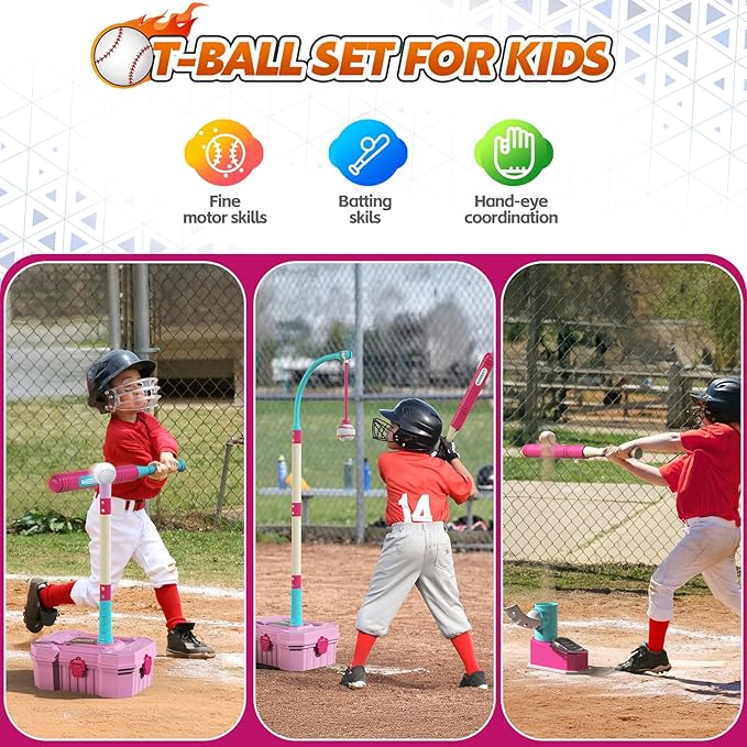 Kids Basketball Hoop and T-Ball Set for Kids 3-5, 3 Adjustable Toddler Basketball Hoop Indoor Outdoor Kids Toys Birthday Gift for Boys Girls
